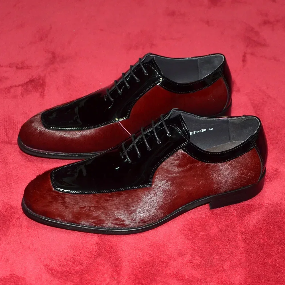 Luxury Designer Italian Men\'s Genuine Leather Maroon Horsehair Dress Shoes for Social Wedding Party Evening Man Suit Oxfords
