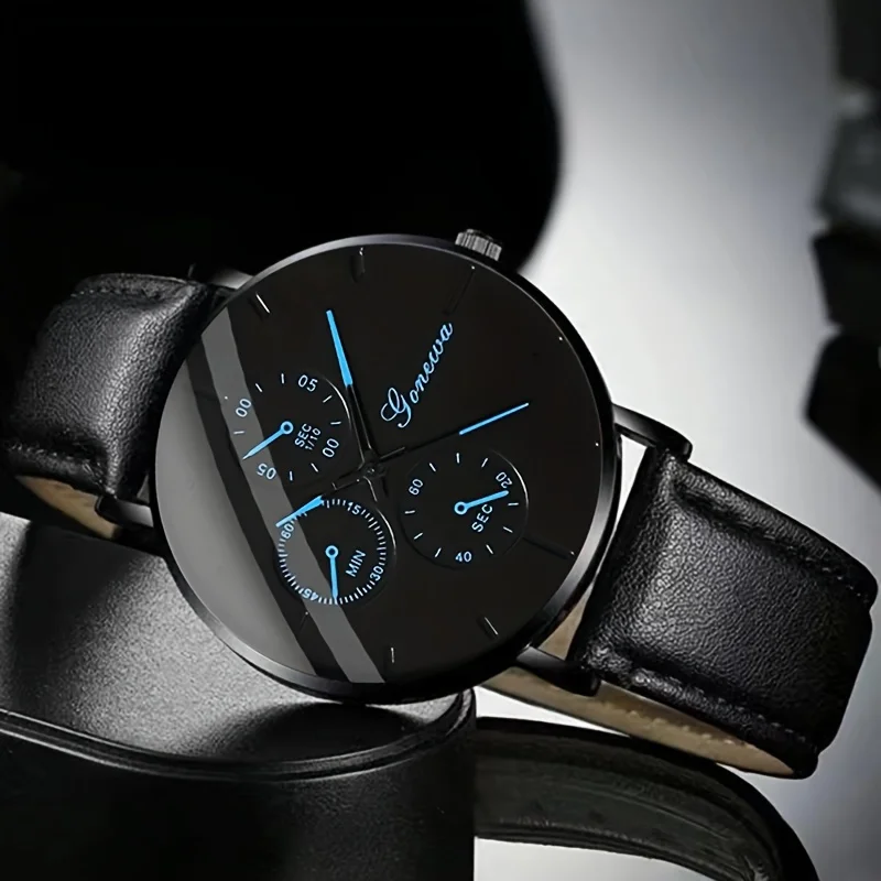 ساعة كوارتز ترفيهية للرجال ، ساعة معصم جلد صناعي تناظرية ، مجموعة مجوهرات ، 3 في كل مجموعة