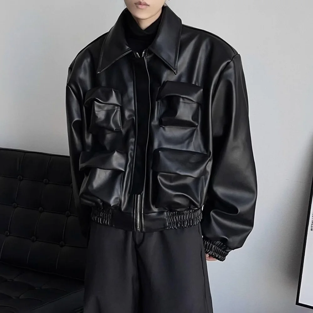 Y2K Mens PU Leather Jacket Pocket Motorcycle Coat Spring Casual Gothic High Street Dark Silhouette Top Men\'s Wear Unisex 2025