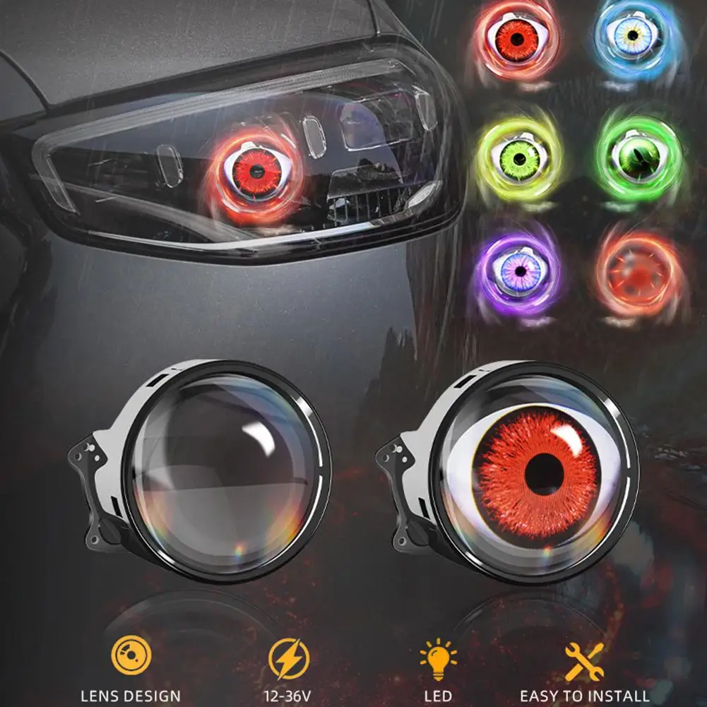 Car LED Devil's Eye Lens Headlight 12-36V 1W Dynamic Universal Modified Lens Striking Demon Eyes Light For Motorcycle/Car/SUV