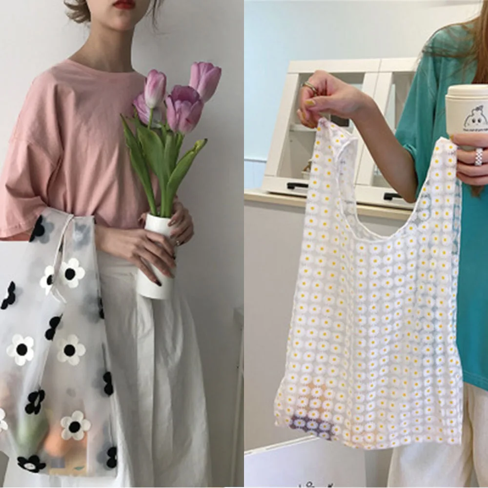 

Women Foldable Recycle Reusable Handbags,Designer Mesh Embroidery Light Clear Organza Jelly Shopping Bag,Flowers Tote Bag Travel