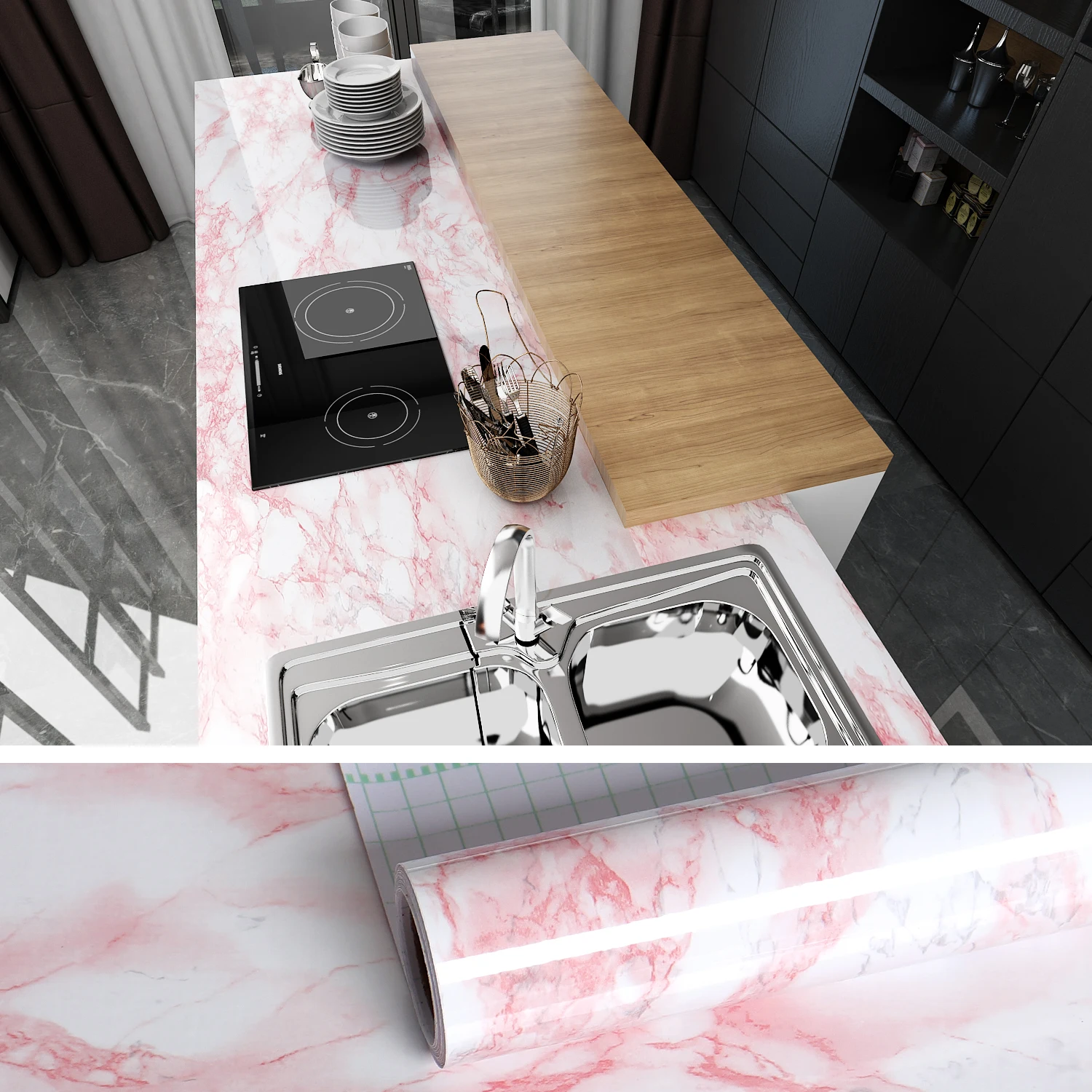 Glossy Pink Marble Contact Paper Self-Adhesive for Kitchen Countertop Waterproof Oil-ProofGranite Wallpaper Sticker Home Decor