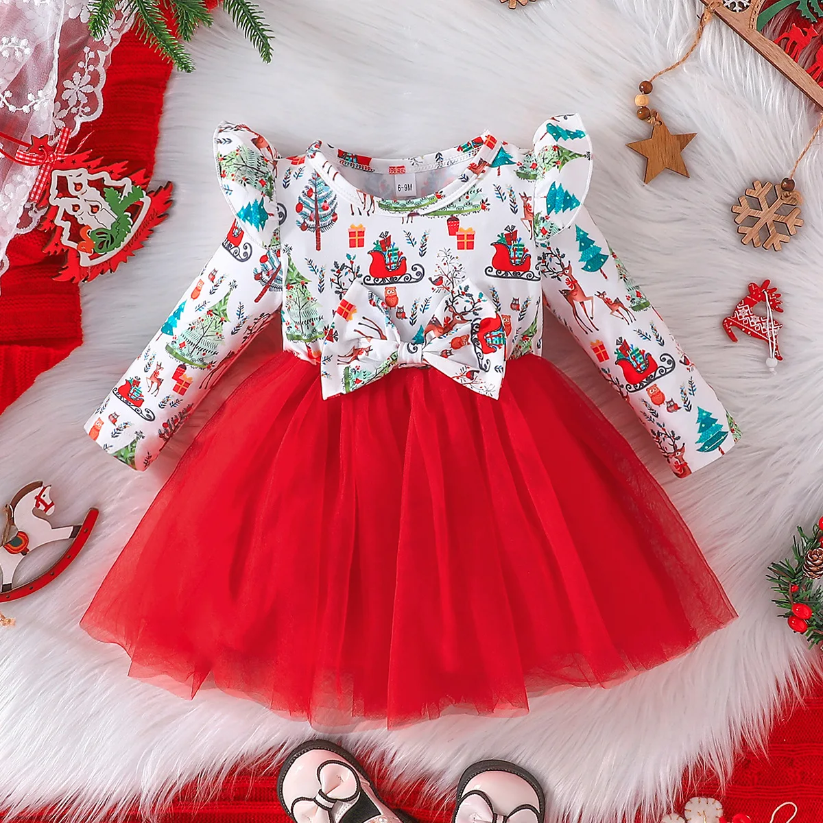 Autumn Christmas dress with round neck and fly sleeve printed bow tie paired with red mesh for clothing photography