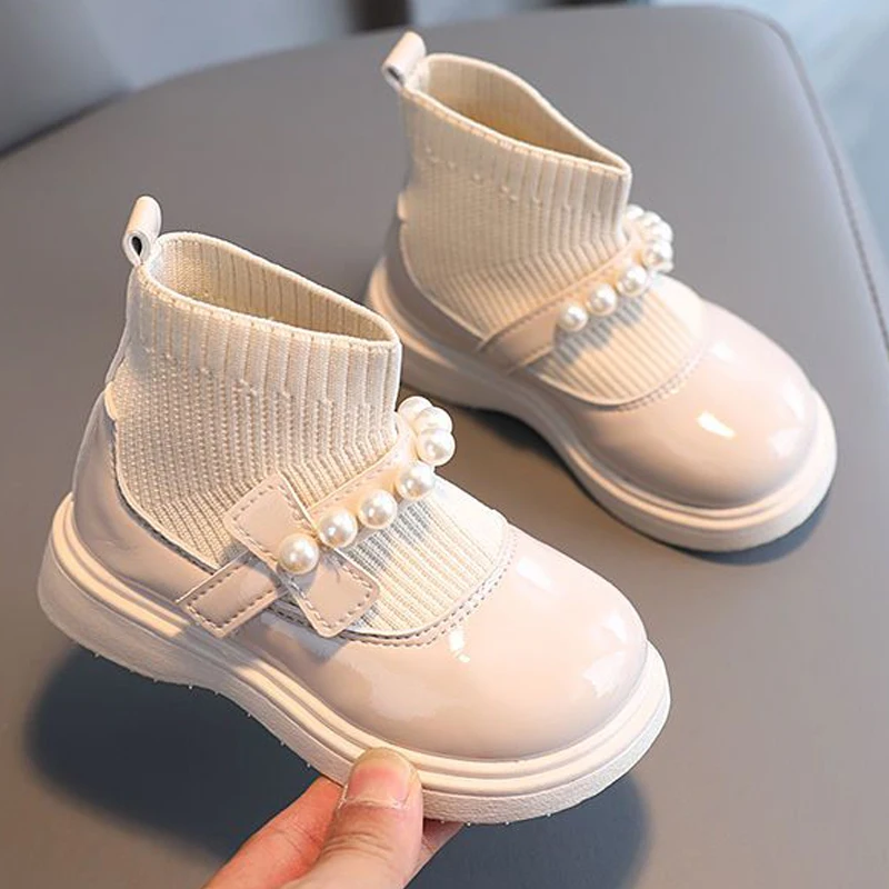 Fashion Pearl Knit Splicing Girls Ankle Boots Soft Bottom Kids Casual Shoes Princess Slip-on Children Boots Baby Sports Sneakers