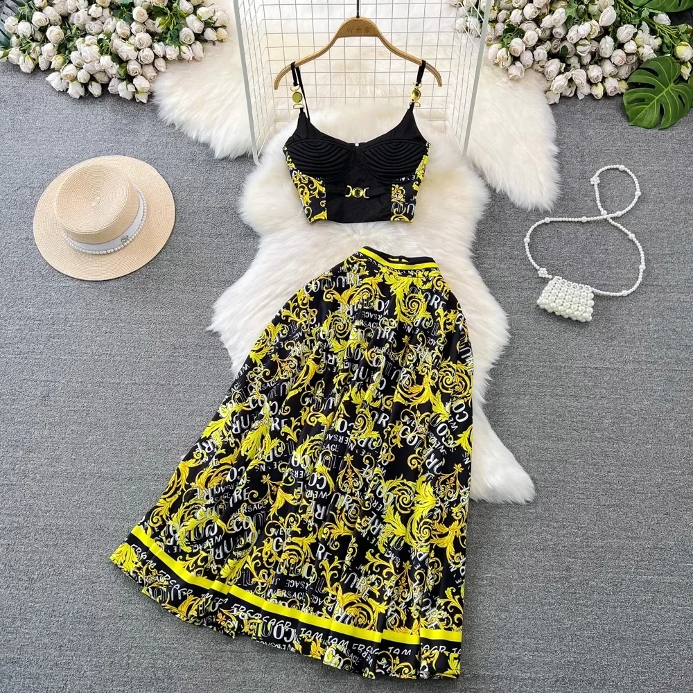 

High Qualty Fashion Chic Elegant Women Summer 2 Piece Set Spaghetti Strap Padded Cup Zipper Print Short Top+Long Skirt Sets