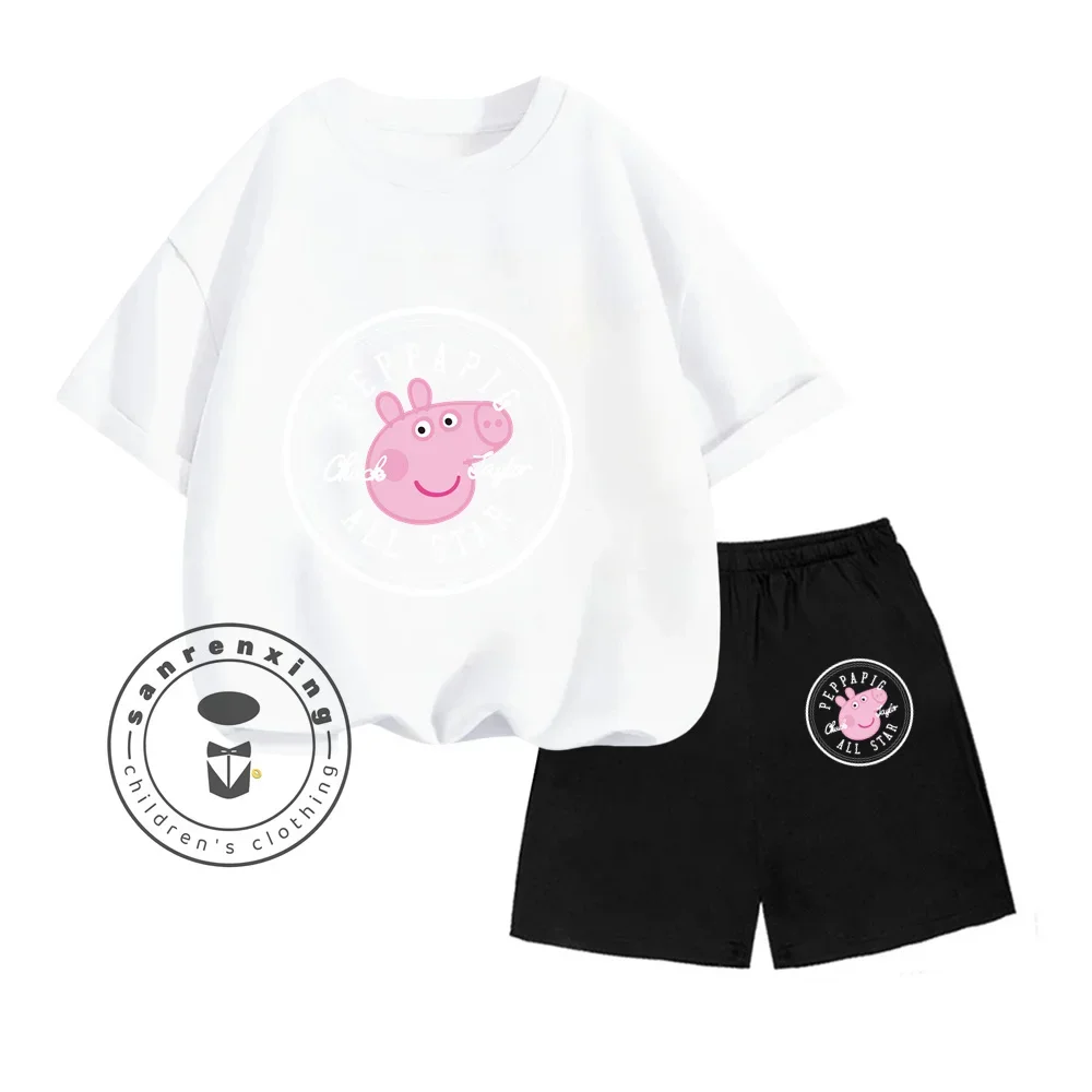 New Hit Peppa Pig Animated Cartoon Vertical Print Design O-neck Short Sleeve and Shorts Children Summer Affordable Two-piece Set