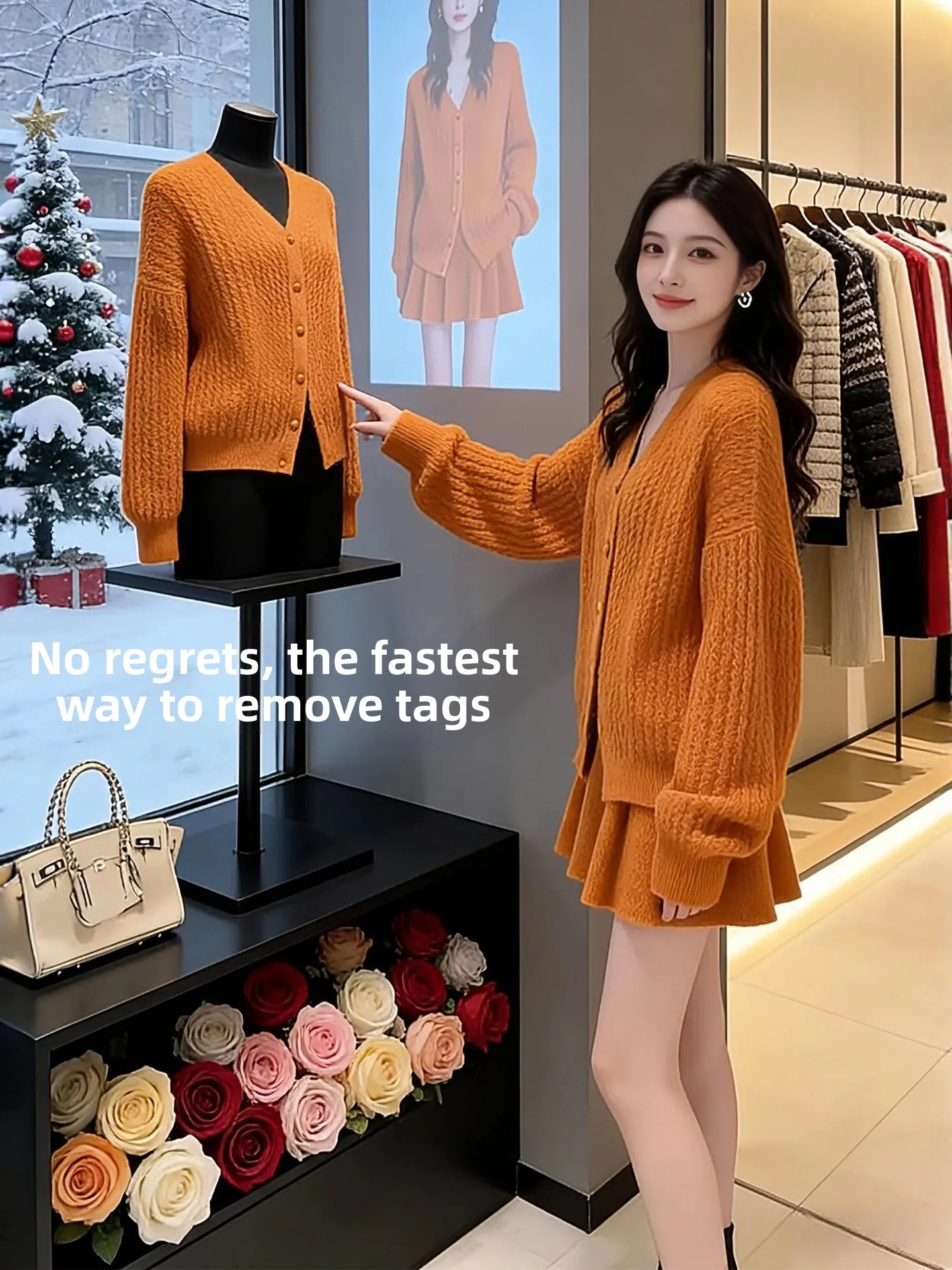 

Orange Knitted Sweater Coat And Skirt Set plus Size Women's Faion Unique Winter Warm Casual Sle V-Ne Button up Ski...