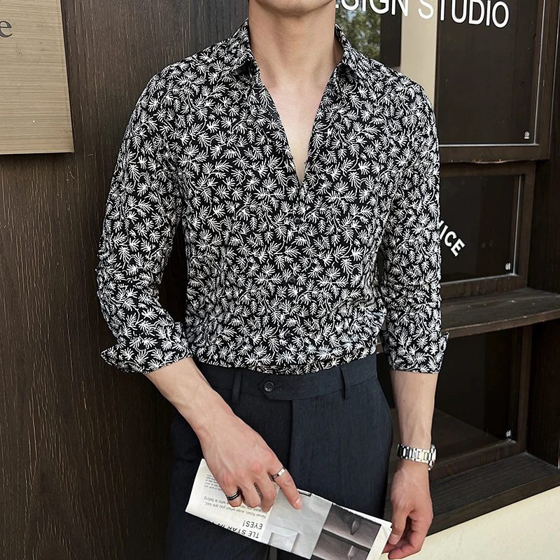

2025 spring and autumn new men's long-sleeved shirt personality business casual fashion square collar trend printed men's shirt