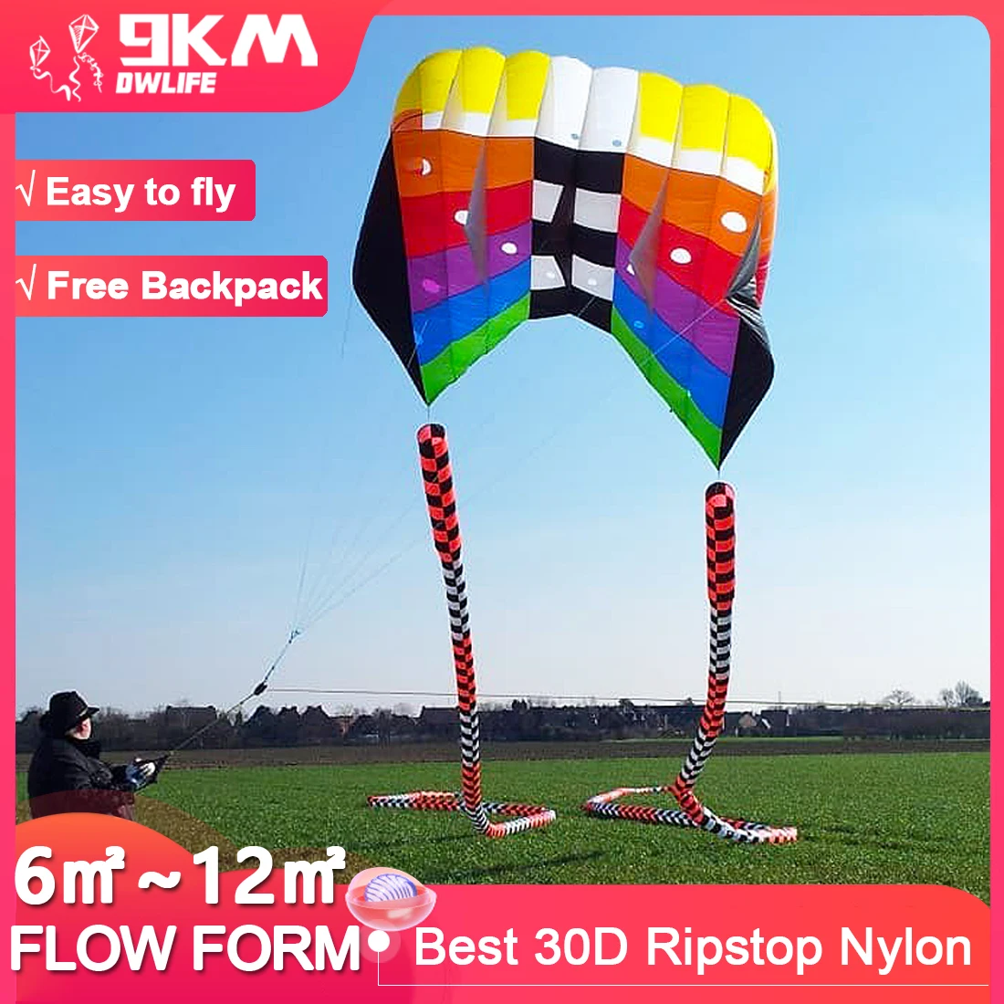 9 กม. 6 ㎡ ~12 ㎡   Pilot Lifter Kite ขนาดใหญ่ Parafoil Kite Line ซักรีด Soft Inflatable Kite 30D Ripstop ไนลอน (ยอมรับขายส่ง)