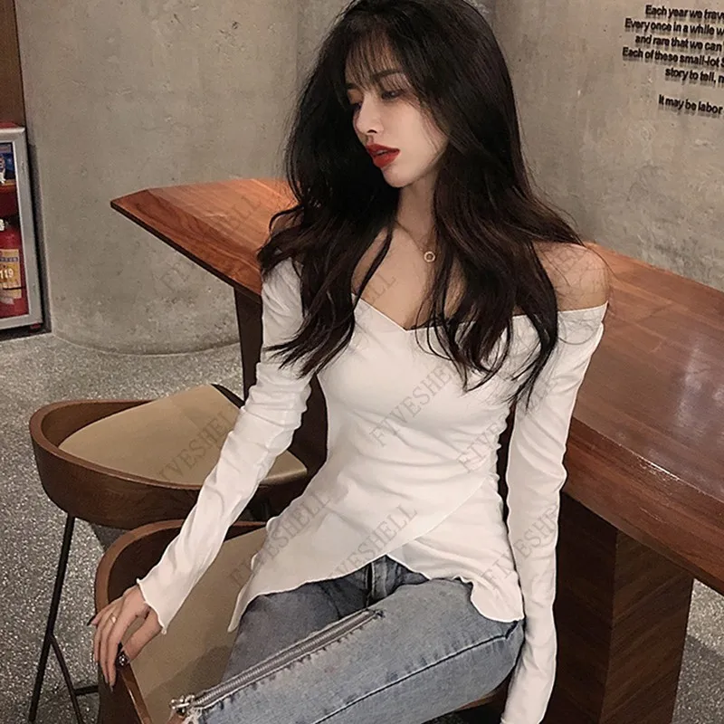 Autumn Women Sexy V neck T-shirt Slim Long Sleeve Solid Color Off Shoulder Korean Sweet Tee Tops Basic Tshirt