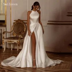 Smileven Mouwloze Trouwjurken Een Lijn Hoge Hals Bruid Jurk Side Split Vestido De Novia Hoge Hals Bruidsjurken