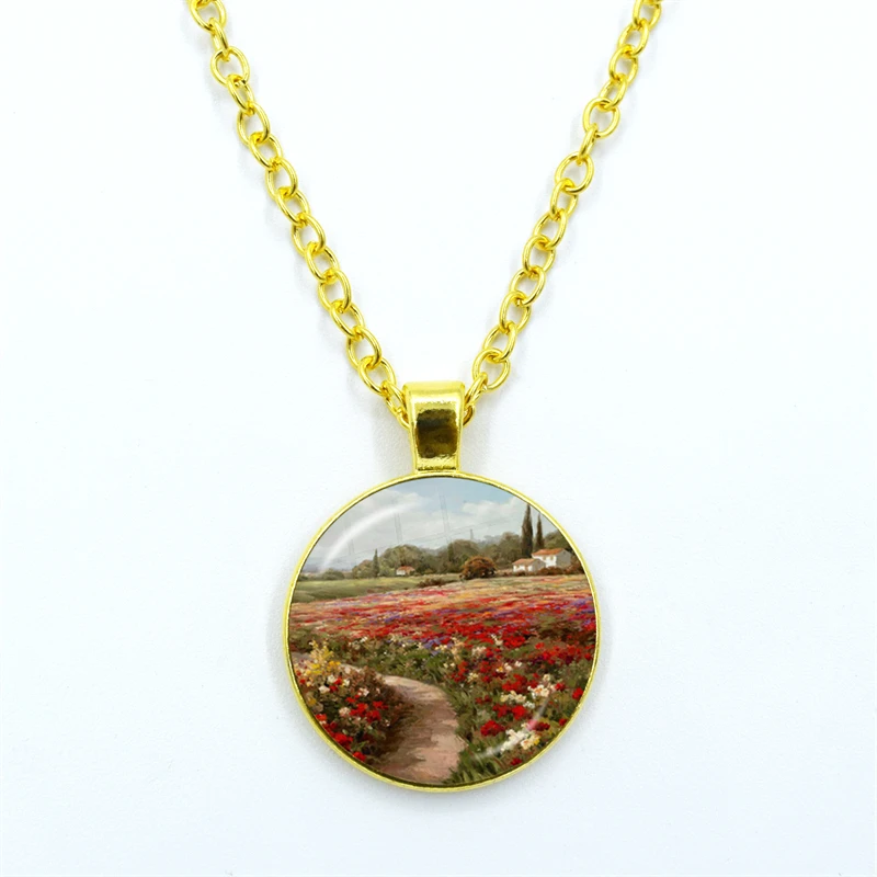 Claude Monet Water Lilies Oil Painting Sunflower Poppy Necklace For Women Men Art Oil Paintings Glass Jewelry Fashion Gifts