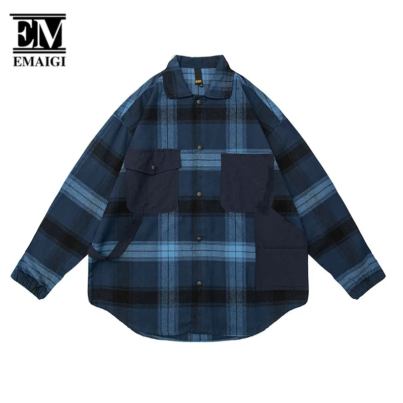 

Autumn Cotton Blue Plaid Shirt Men Japanese Streetwear Cityboy Fashion Loose Casual Long Sleeve Oversized Shirts Spring