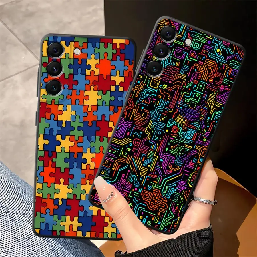 Bunte Tech-Puzzle-Textur Handyhülle für Samsung Galaxy A57 A06 A37 A73 A51 A25 A16 A23 A53 A17 A05 A55 A52 A36 A15 A50