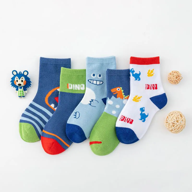 5 Pairs Boys Socks Cartoon Dinosaur Pattern Comfortable Breathable Kids Socks For All seasons