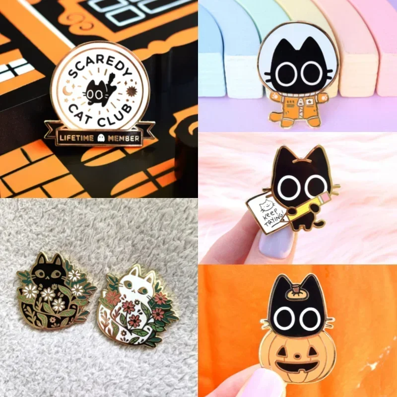 

Astro Scaredy Pumpkin Cat Hard Enamel Pins, Club Members Lapel Pin, in Flowers Brooch Halloween, Spoopy Keep Trying Badge