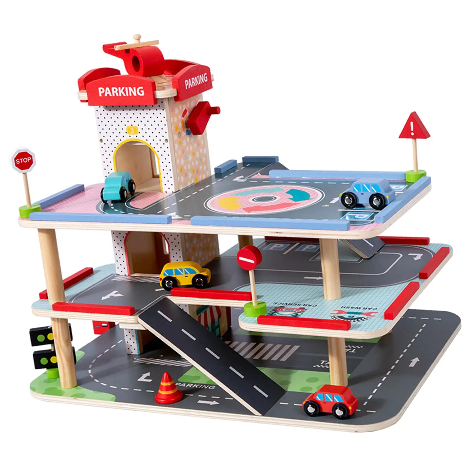 

Wood Parking Garage Playset with 4 Mini Cars and 1 Helicopter Service Station Moving Elevator Kids Play Vehicles for Child