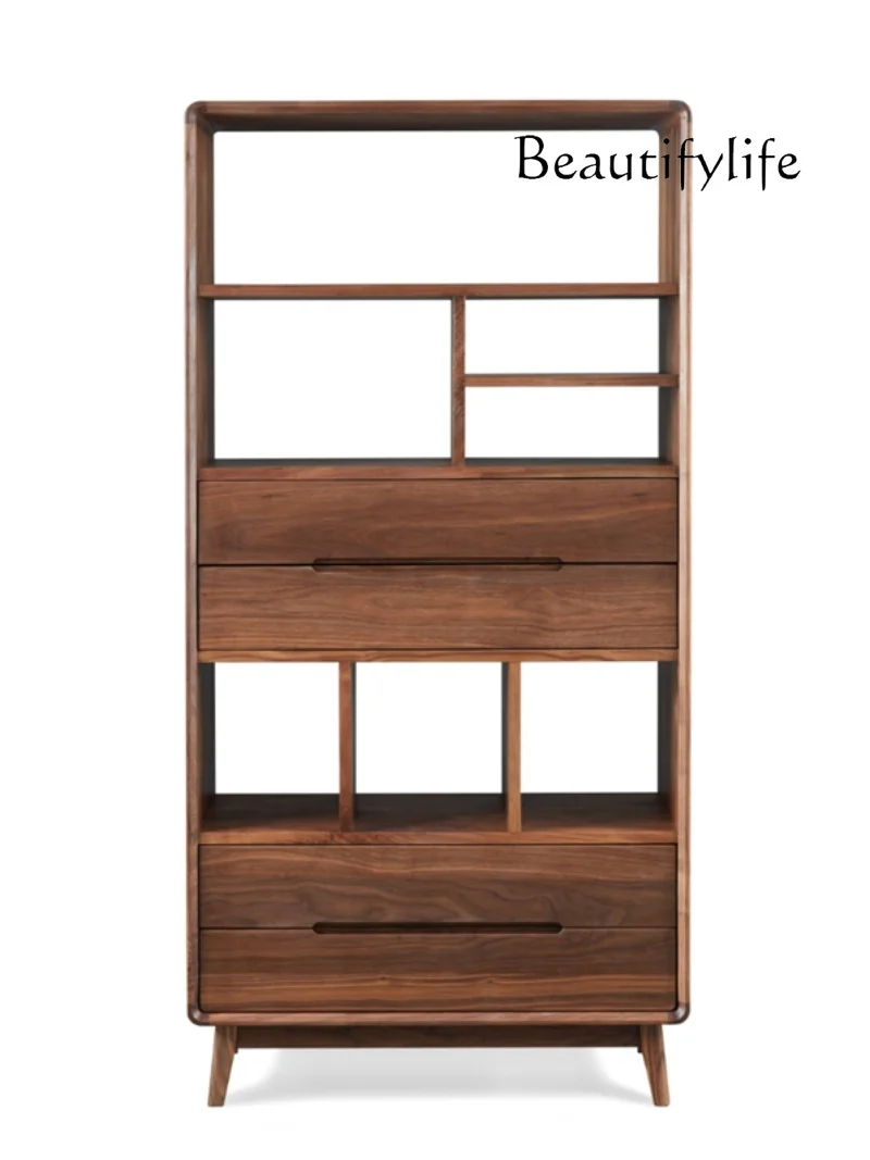 

Nordic Black Walnut Combined Bookcase Large Capacity Storage Bookcase Simple Retro Clothes Closet