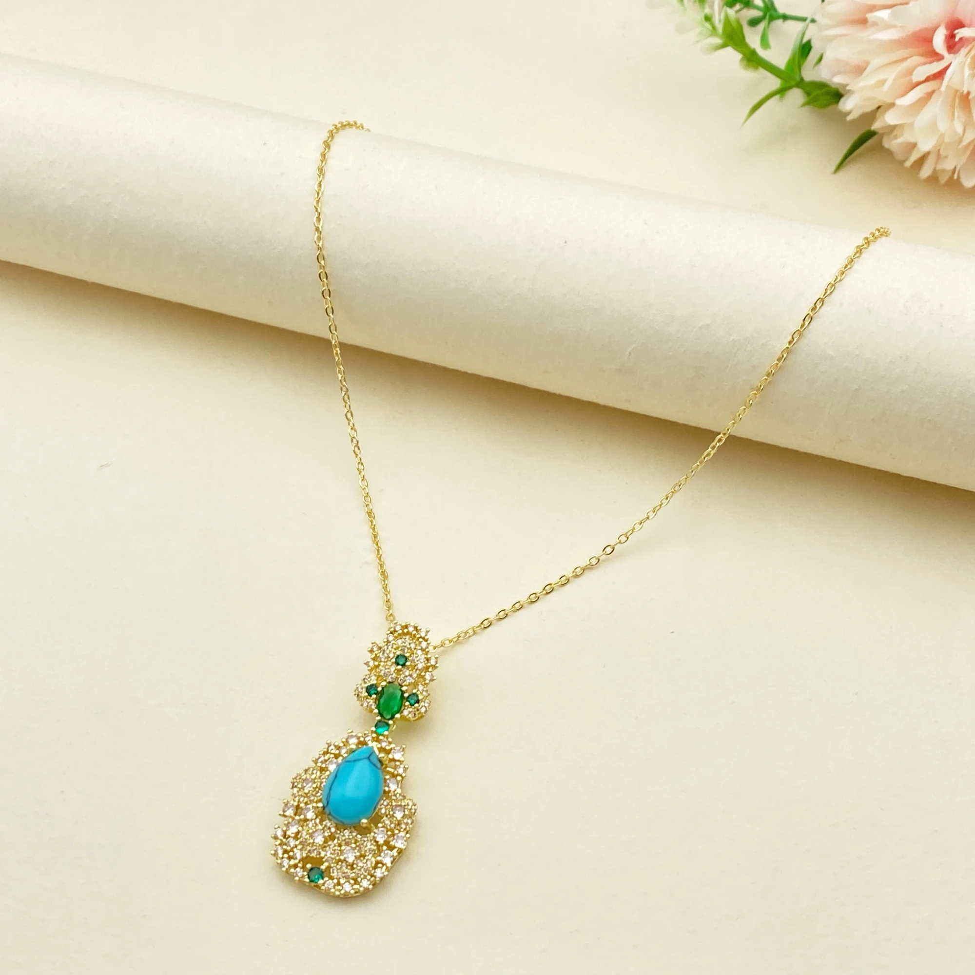 JRH Vintage Royal Style Gold Plated Copper Zircon Jewelry Set for Women Bracelet Ring Necklace Earrings
