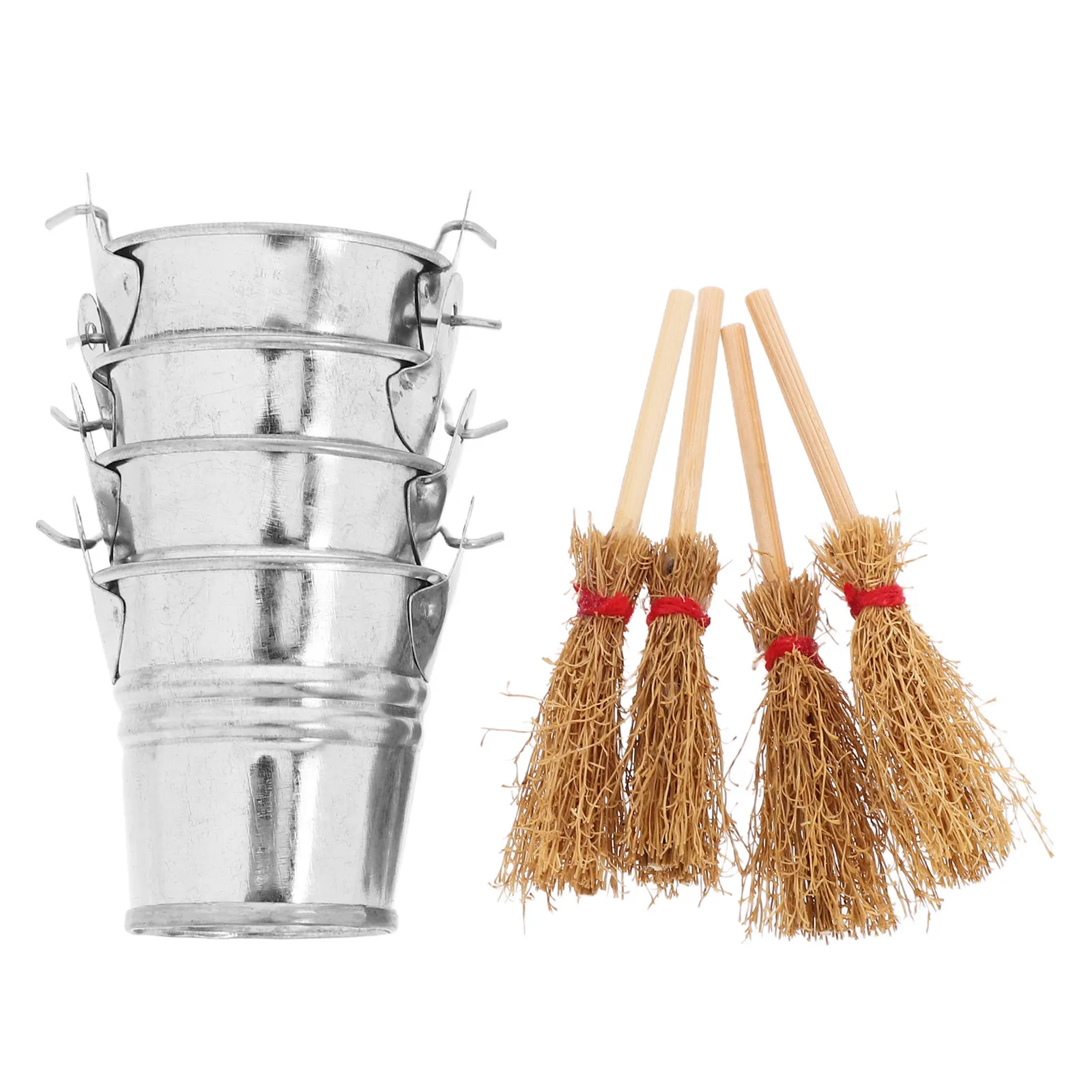 

Набор миниатюрных инструментов для уборки: мини-метла, железное ведро, реалистичные аксессуары для кукольного домика, принадлежности для сцен.