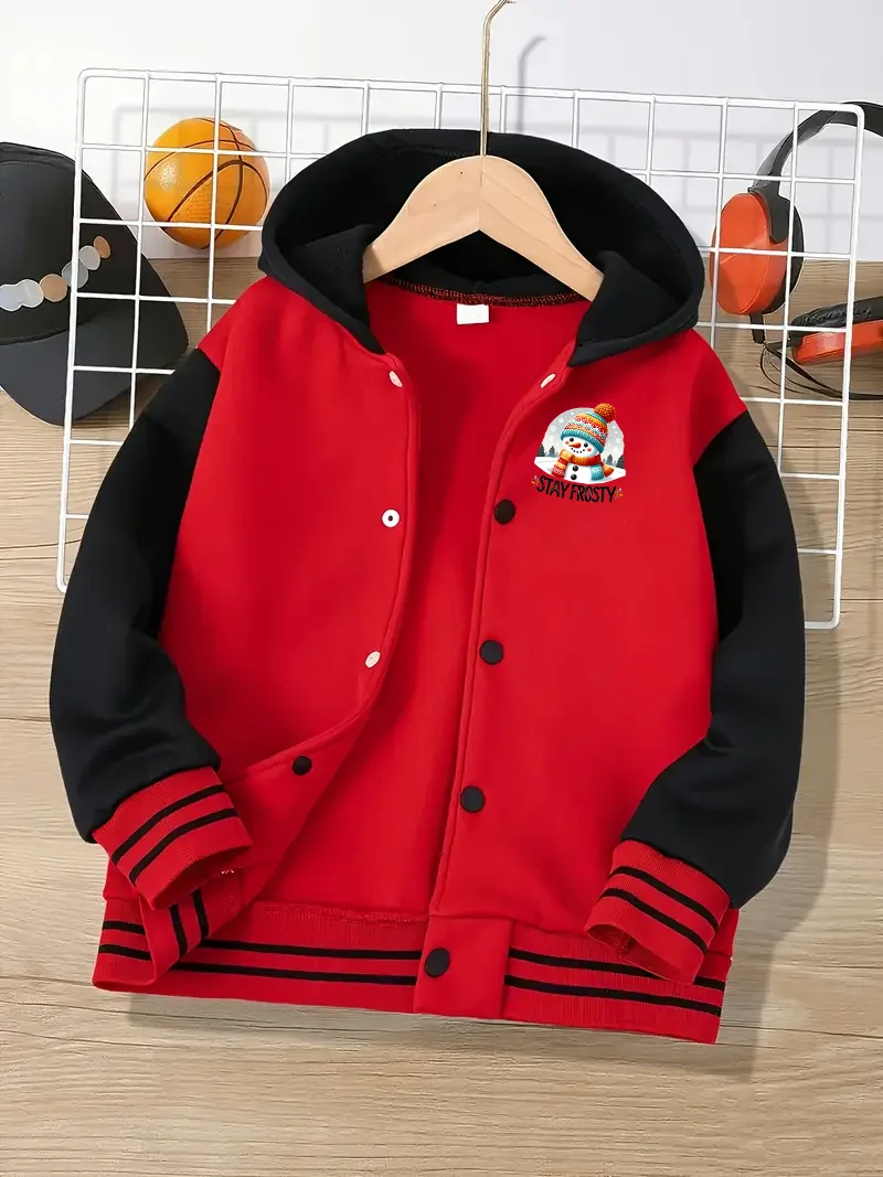 Giacca da baseball con cappuccio rossa con motivo stampato pupazzo di neve per bambini casual e alla moda autunno e inverno