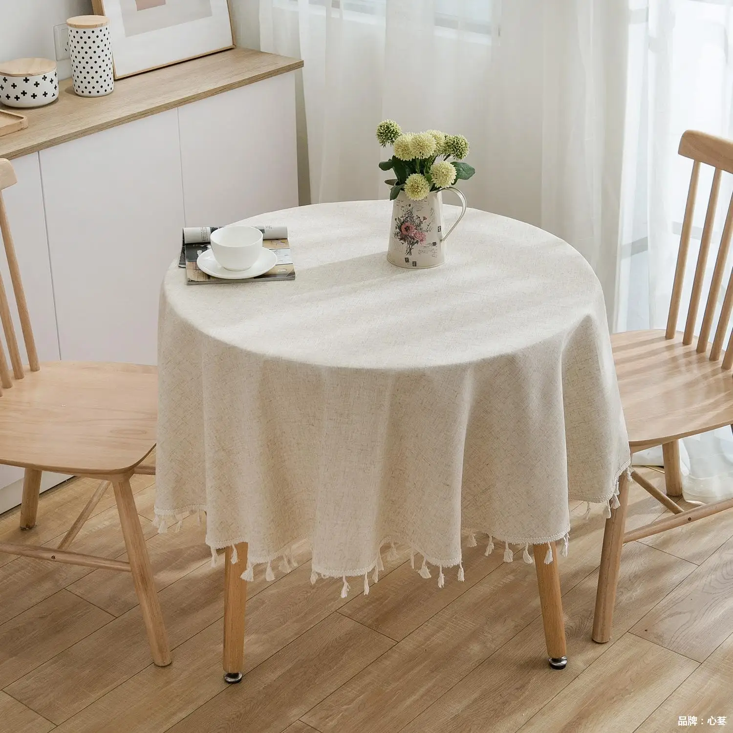 Linen Cotton Plain Tablecloth with Tassels Round Table Household Circular Table Cover Home Party Table Wedding Decoration