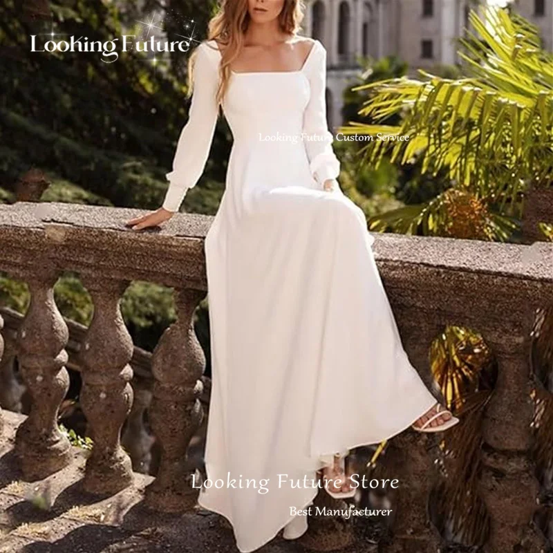 Robe de mariée blanche classique à manches longues, col carré, simple, dos nu, avec nœud