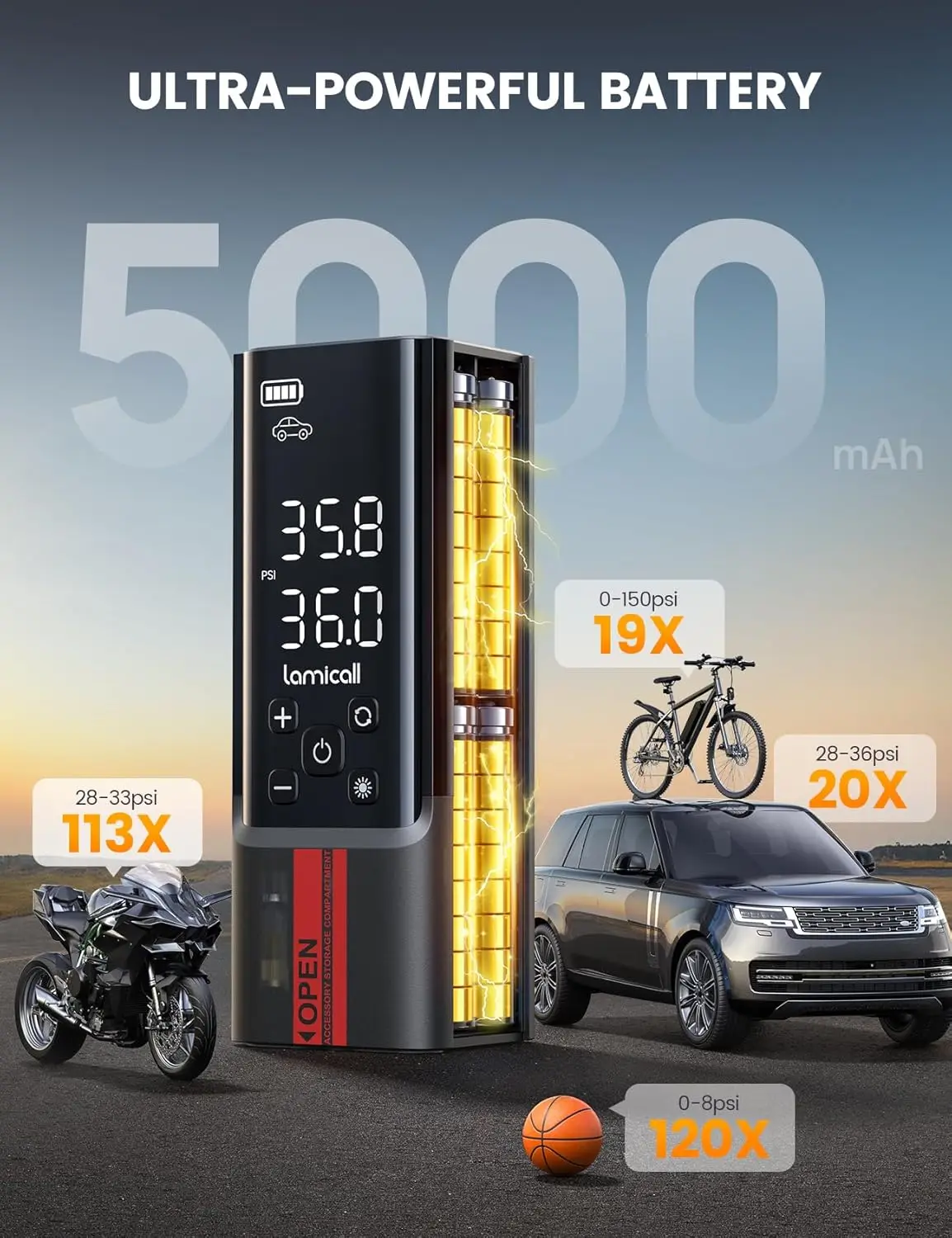 ضاغط هواء محمول لاسلكي 150 رطل لكل بوصة مربعة، مقياس رقمي وإضاءة LED، منفاخ سريع للسيارة والدراجات النارية والدراجة والكرة #4