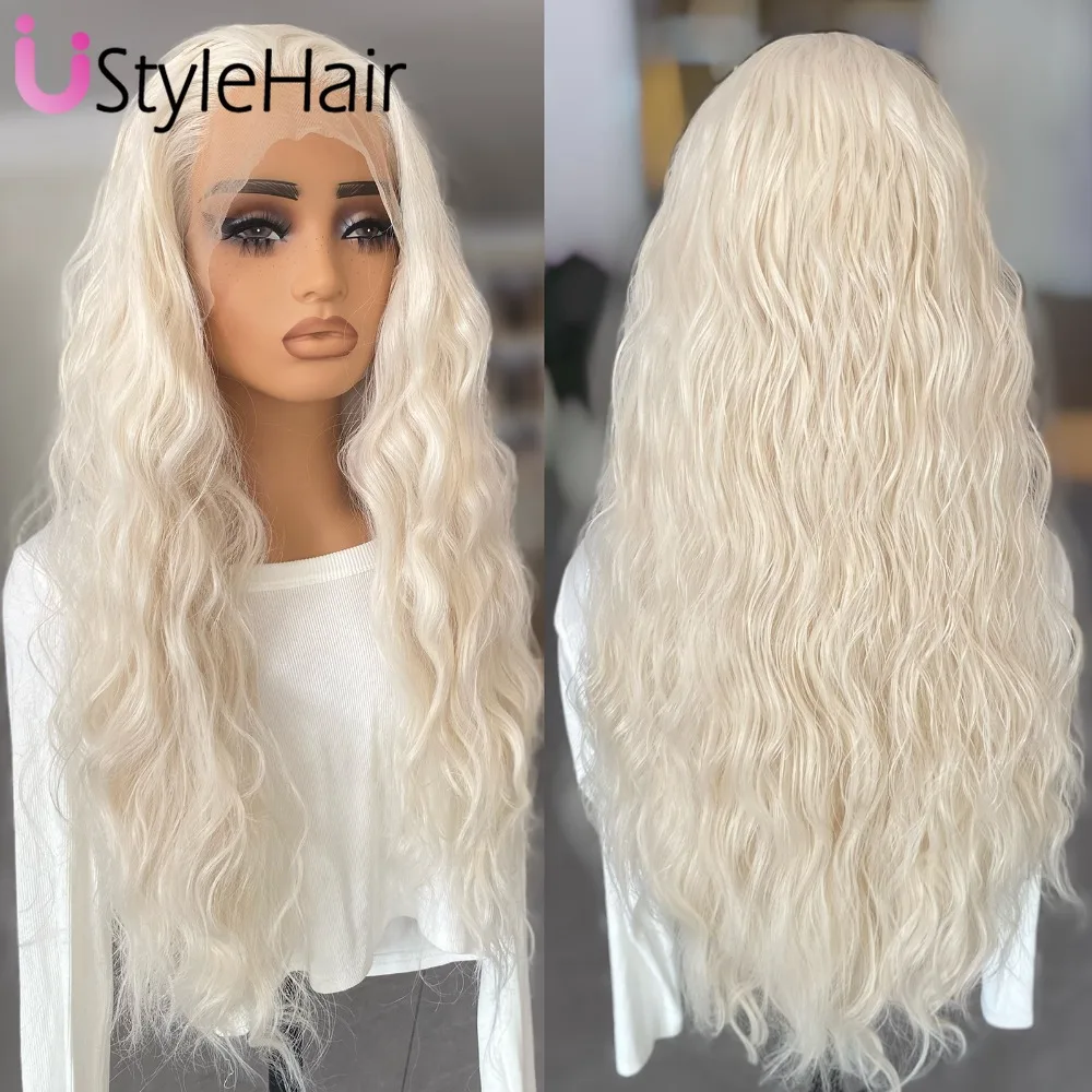 UStyleHair-Peluca de encaje rubio platino, pelo sintético con malla frontal, largo, suelto, rizado, línea de pelo Natural, uso diario, Cosplay, #60