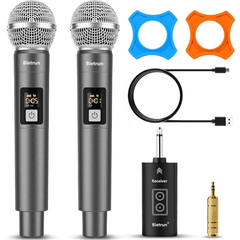 

Беспроводной микрофон, двойной ручной беспроводной динамический металлический микрофон UHF, пение для вечеринок (диапазон 98 футов) (автоматическое подключение)