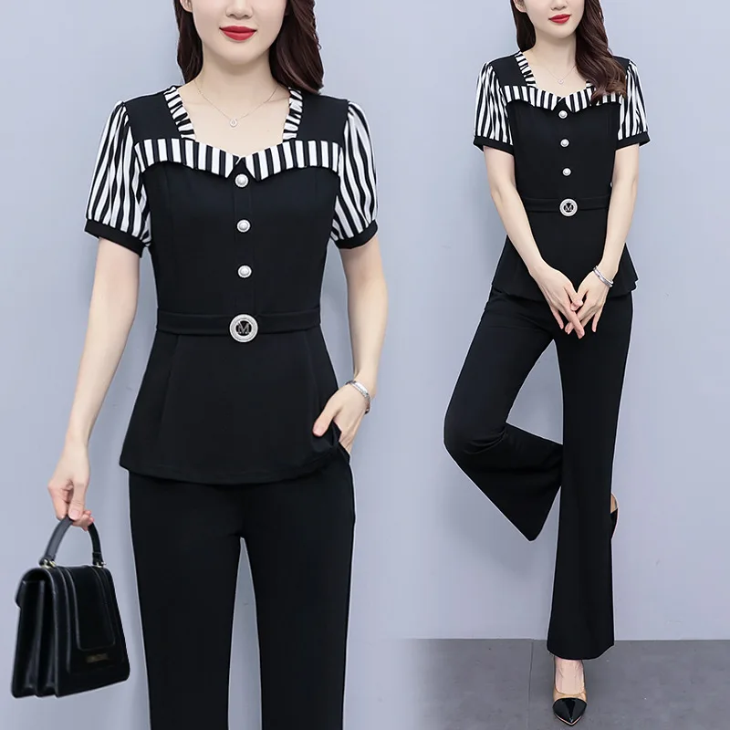 

Oversize Women Pant Sets 2023 Summer New Fashion Striped Patchwork Top 2 Pieces Female Outfits Dresses For Prom High Quality