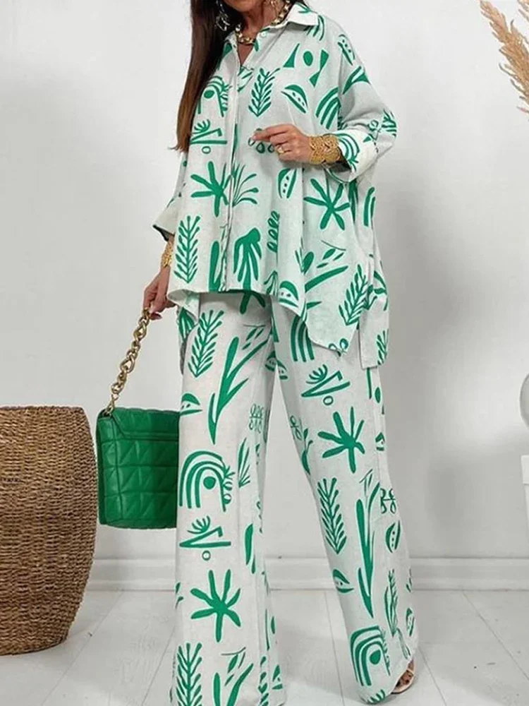 Conjunto feminino de calças largas de duas peças, manga comprida, camisa de botão, roupas femininas casuais, terno de primavera e outono, 2022