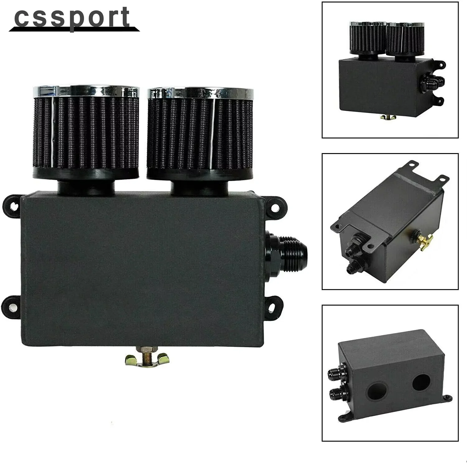 

10AN Oil Catch Can Reservoir Tank 2 Port Dual Breather Filter Baffled Kit Black