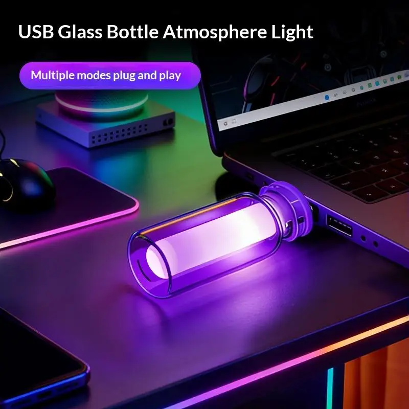 USB Car Glass Bottle Ambient Light Portable RGB Transparent Plug Play Auto Interior Decor Night Light