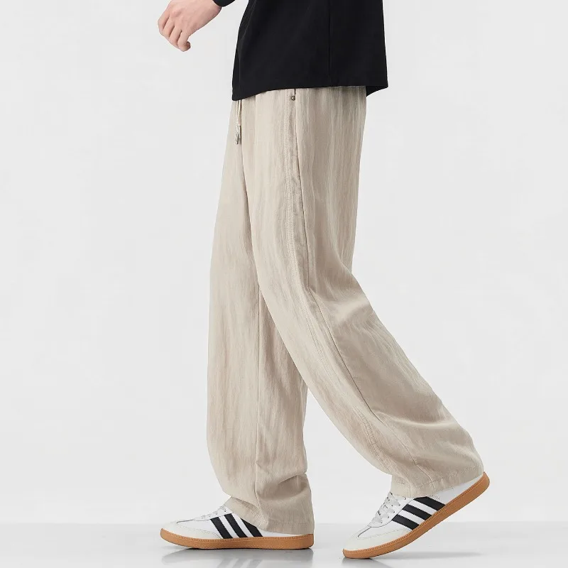 

2026 Spring Summer New Casual Thin Lyocell Linen Straight Pants for Men Clothing Comfort Drawstring Big Pocket Trousers
