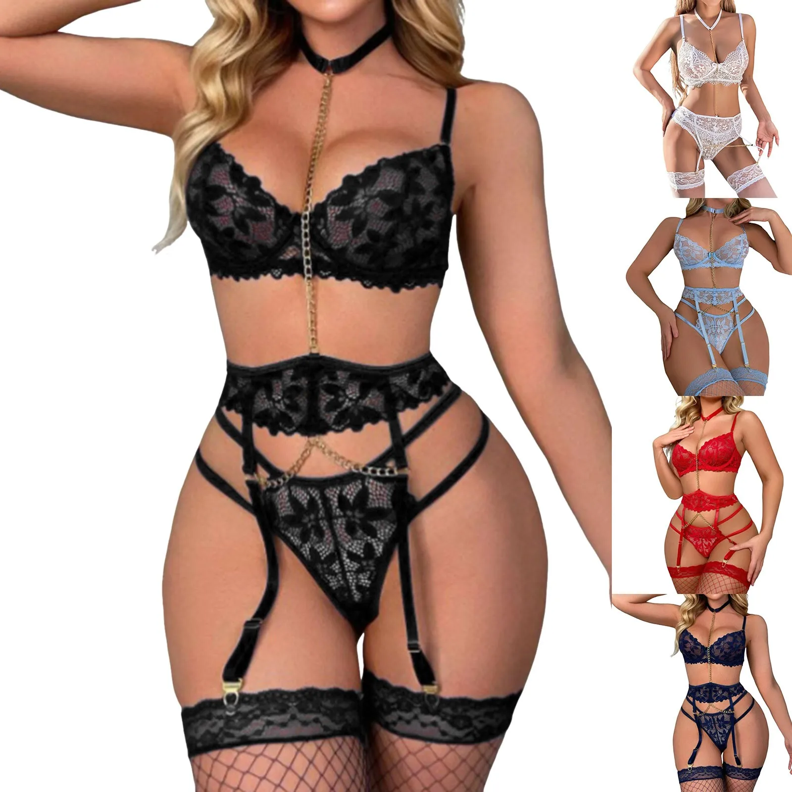 Women\'s Split Body Suspenders Sexy Lingerie Plus Size Lace Halter Bralette High Waist Panties Sets Solid Color Underwear Suits