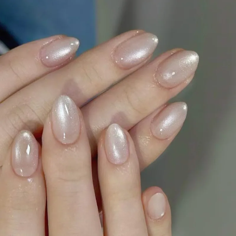 24 قطعة كريستال القط العين الأظافر وهمية أورورا مسحوق الأظافر كاذبة عارية بريق نقي الاكريليك الصحافة على الأظافر متوسطة اللوز أظافر بسيطة