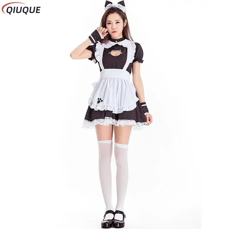 Schwarze Lolita Kleider Dienst mädchen süße Katze Cosplay Kostüm Frauen Anzug Schürze Kleid Halloween Kostüme