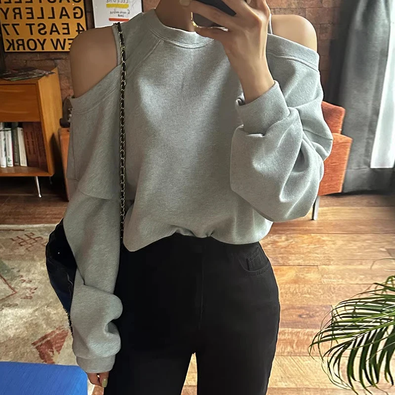 

New Korean Chic Women Sweatshirts Autumn Round-neck Off-the-shoulder Loose Casual Long-sleeved Solid-color Pullover Hoodie Woman