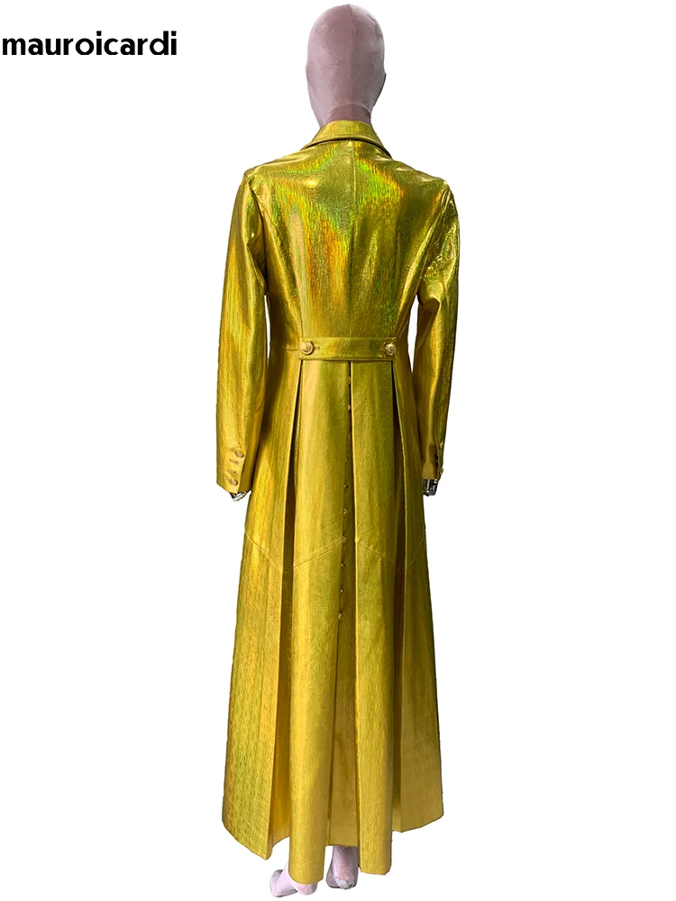 

Mauroicardi Autumn Long Hard Shiny Reflective Gold Patent Pu Leather Coat Women Double Breasted Elegant Luxury Designer Clothes