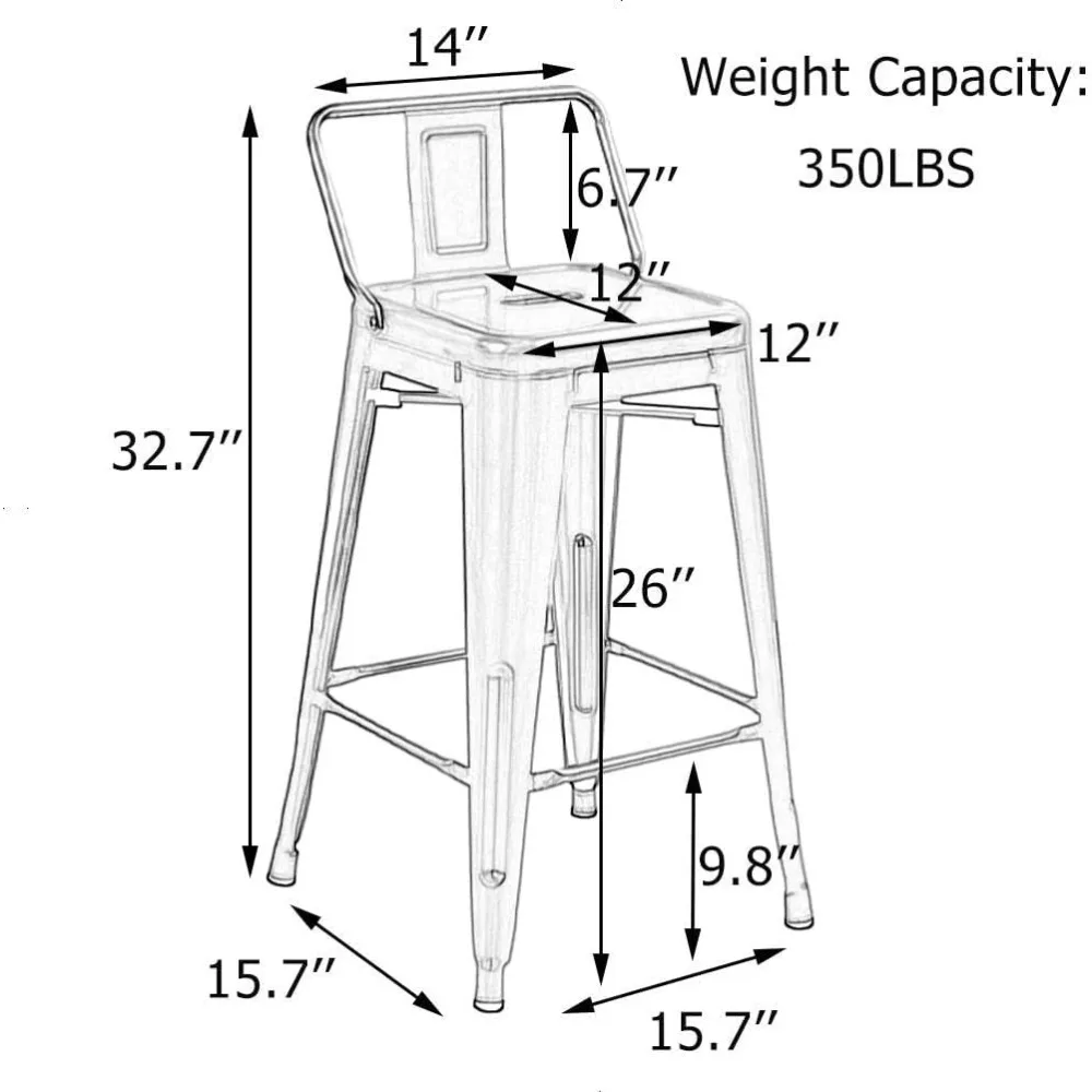 Conjunto de bancos de bar com 4 bancos de altura de balcão, bancos de bar industriais de metal com encostos (26 polegadas, prata)