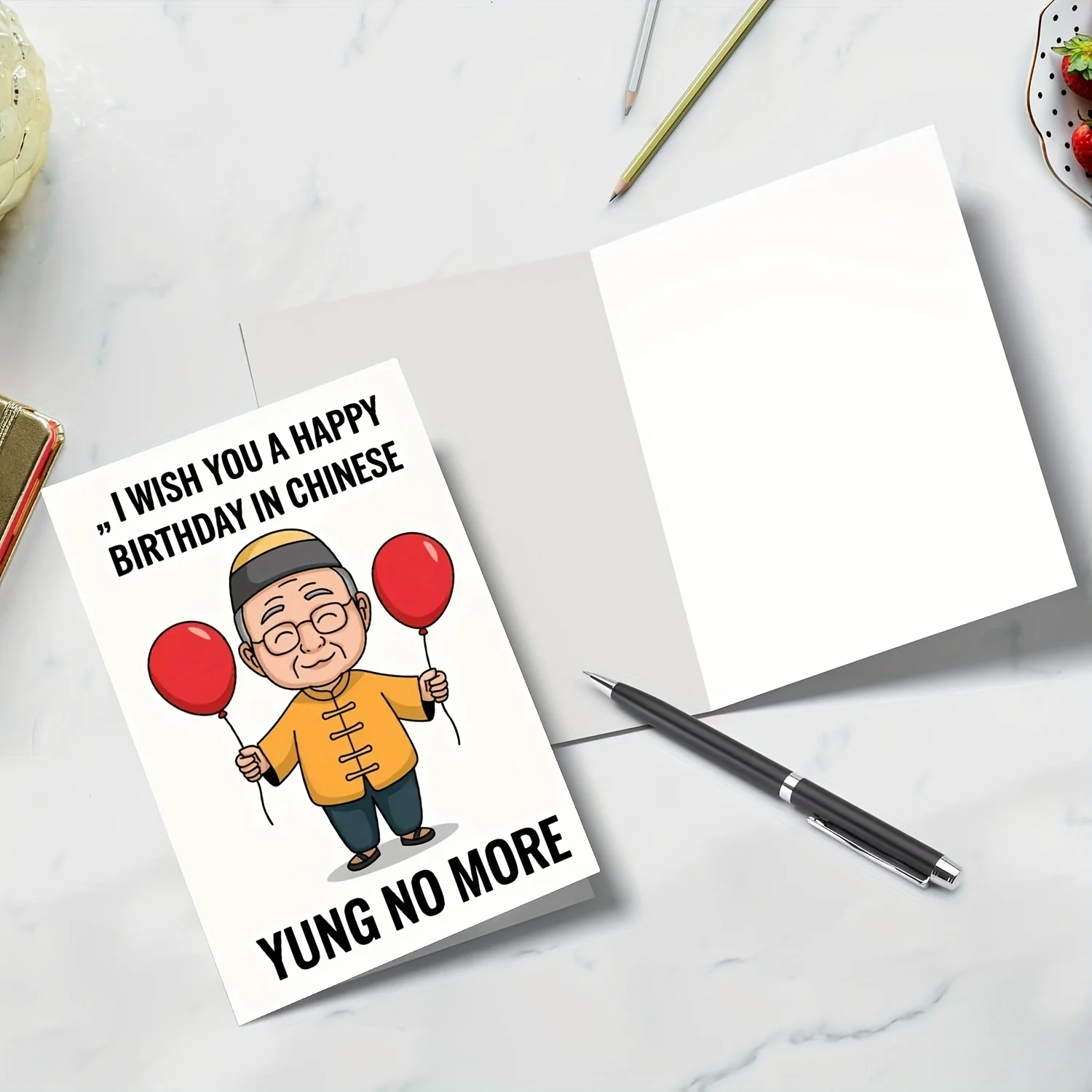 1pc Humorous Birthday Card for Chinese Seniors with Envelope, Cartoon Red Balloon, Funny Not Young Anymore Message, Senior Gift