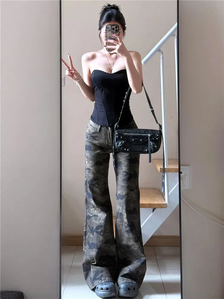 Y2K – jean taille basse pour femmes, imprimé Camouflage rétro américain, léger évasé, jambes larges, ample, suspendu, coupe allongée