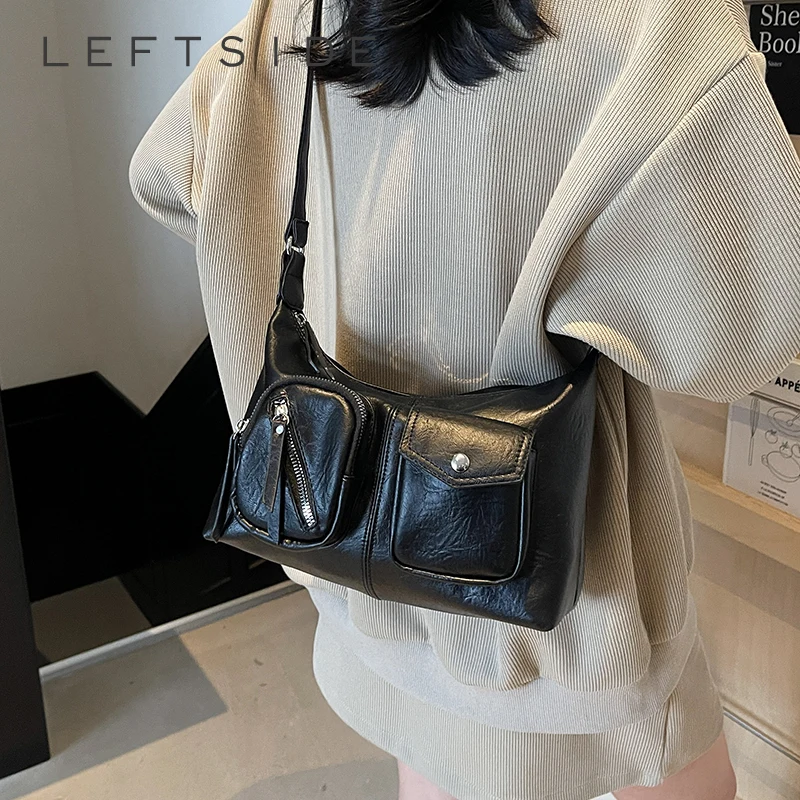 

LEFTSIDE Women's Black Vintage Leather Crossbody Bag Multi-pocket Retro Casual Daily Shopping Travel Shoulder Bag 2026 Handbags