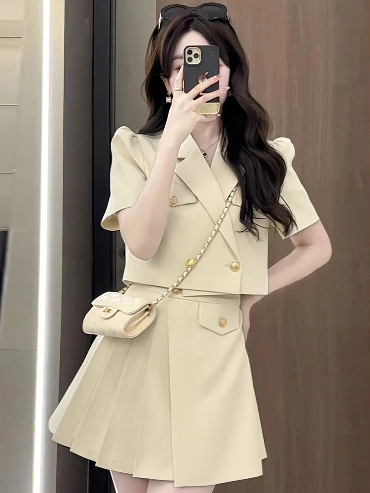 Korean Fashion 2 Piece Outfit Women Short Cropped Tops Coat Blazer Suit Jacket High Waist Mini Skirt Sets Work Style Clothing