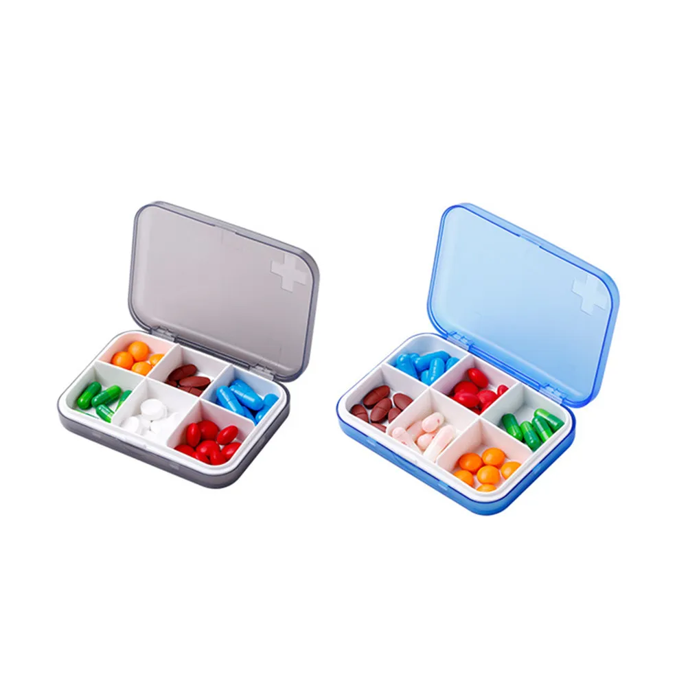 

Портативный контейнер для хранения лекарств, 2 шт., 6 отделений, органайзер для таблеток, прозрачная крышка, герметичная застежка, легкий, удобный для путешествий, для еды