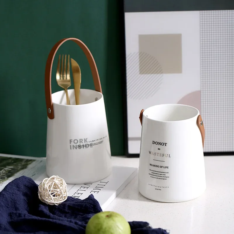 

Керамический портативный ящик для хранения кухонных палочек для еды с кожаной ручкой, сливная стойка, ложка, нож, вилка, держатель для посуды, столовые приборы