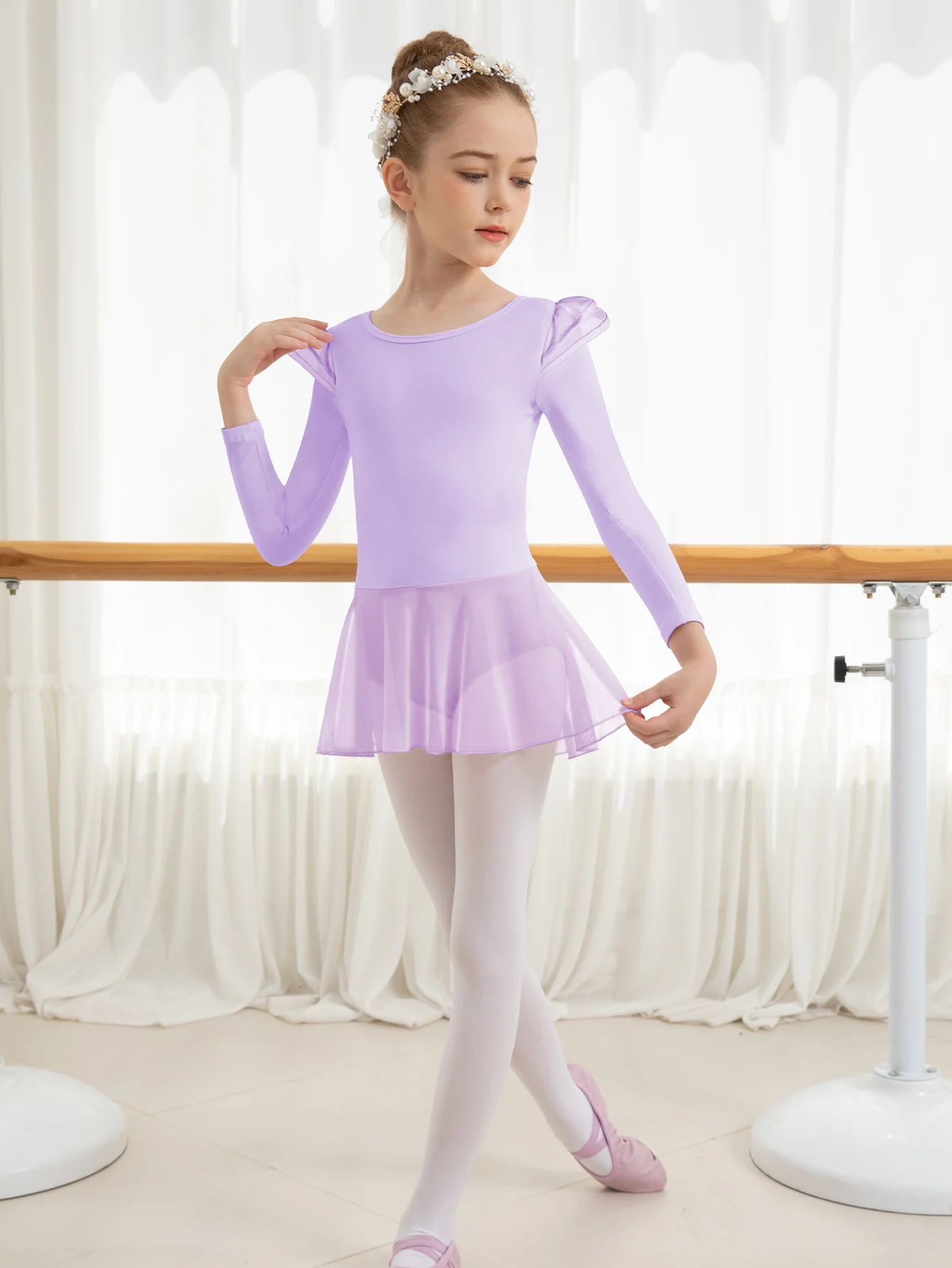 Girls Long Sleeve Ballet Leotards Toddler flutter sleeve high-low Fine Mesh Skirt Kid  Dance Gymnastic Outfits