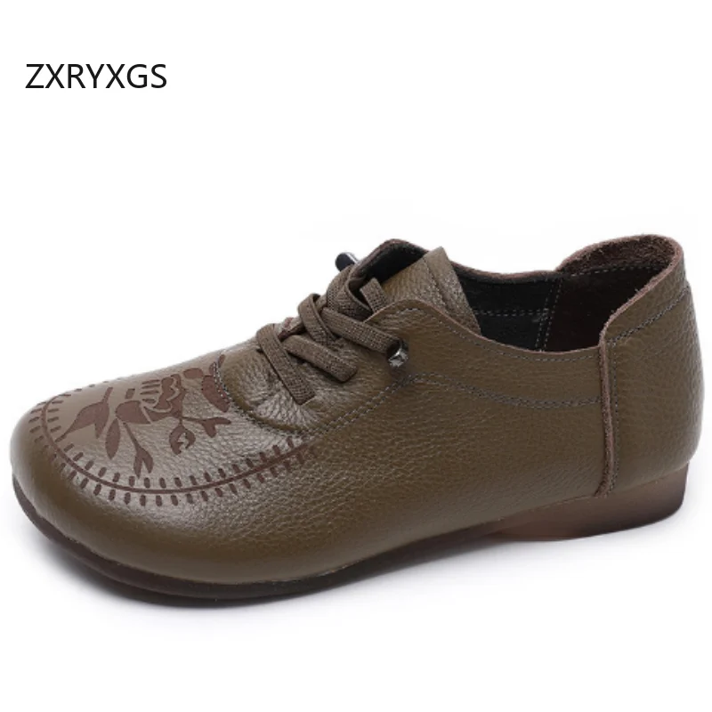 

ZXRYXGS Classic Retro Top Layer Cowhide Printing Women's Flats Casual Sneaker 2025 Big Size Real Leather Shoes Flat Travel Shoes