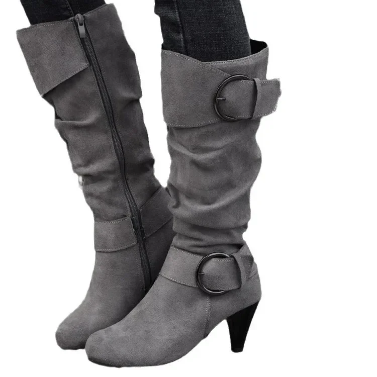 Kniehohe Reiß verschluss Damen moderne Stiefel Damenschuhe hochwertige neue spitze Zehen solide englische Mode Mode lässig plus Größe 43